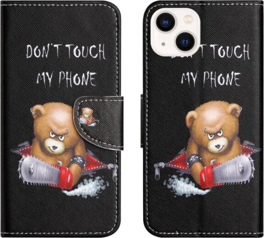 For iPhone 15 Wallet Stand Case Pattern Phone Cover - Bear Black