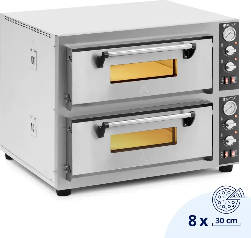 Elektrisk pizzaovn - 4+4 x 30 cm - 2 kammer - 8400 W - 400 V - ildleirestein - Royal Catering