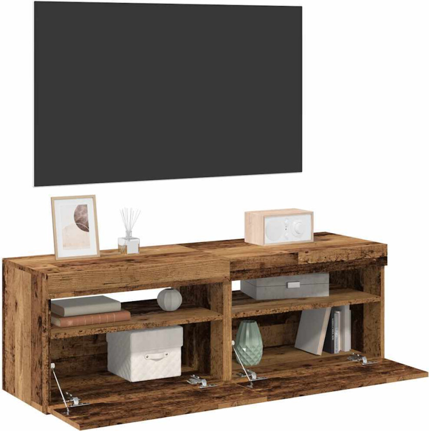 TV-benk med LED-lys 2 stk gammelt tre konstruert tre