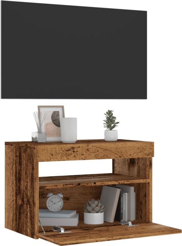 TV-benk med LED-lys gammelt tre 60x35x40 cm konstruert tre