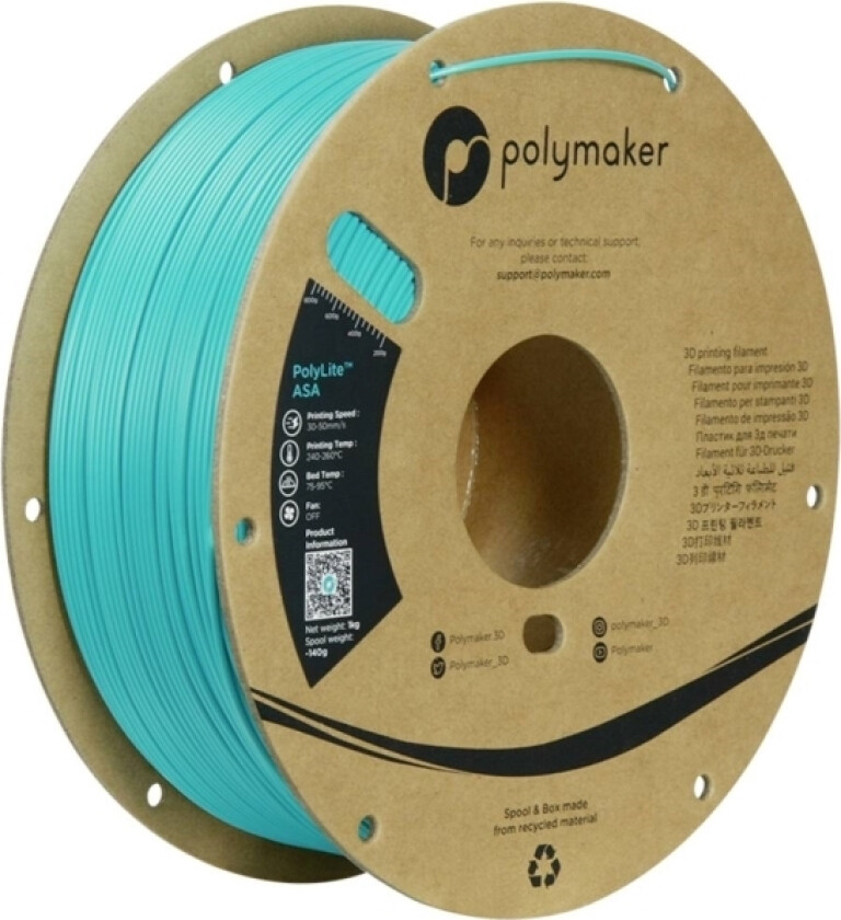 Polymaker Pf01029 Teal Filament Asa Uv-Bestandig, Vejrbestandig, Varmebestandig, Slagfast 1.75 Mm 1000 G Blå-Grøn Polylite™ 1 Stk