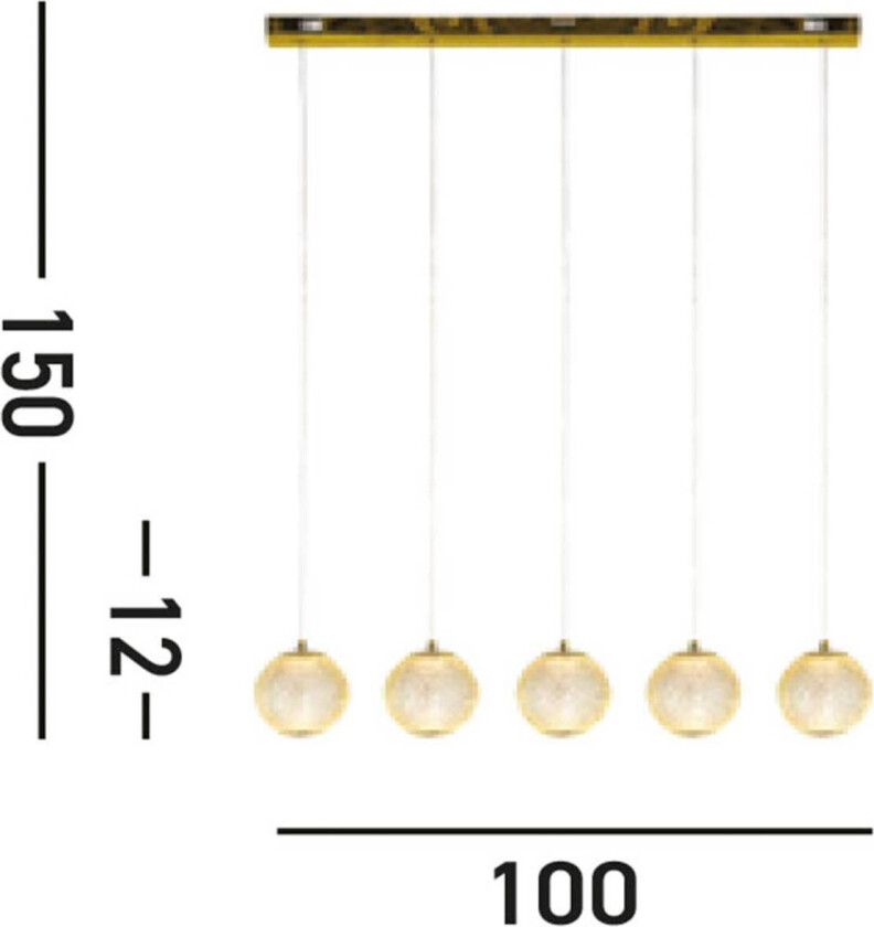 LED-hengelampe Allure, 5 lyskilder, lang, messingfarget, akryl