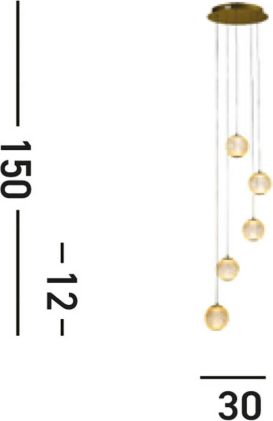 LED-hengelampe Allure, 5 lyskilder, rund, messingfarget, akryl