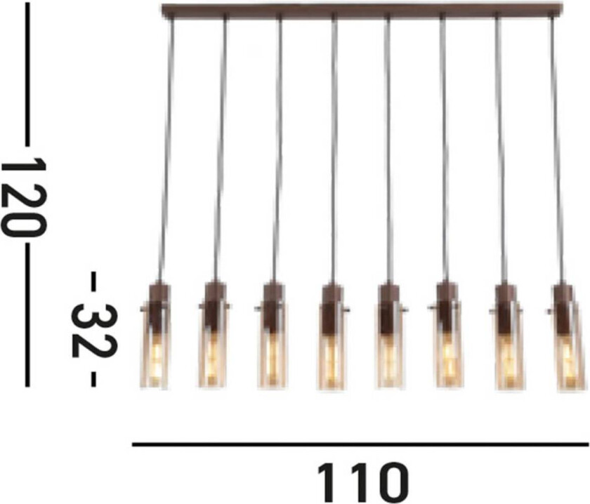Sweden II hengelampe, 8 lyskilder, lang, stål, glass, E27