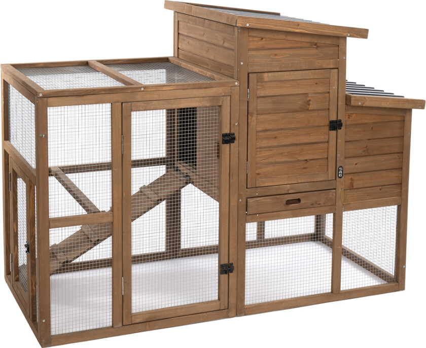 Ranch hønsehus i tre (kan eventuelt utvides) - Hønsegård med integrert innhegning: L 156 x B 79,5 x H 116,3 cm