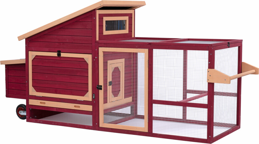 hønsehus i tre med hjul - L 236,6 x B 78 x H 114,4 cm