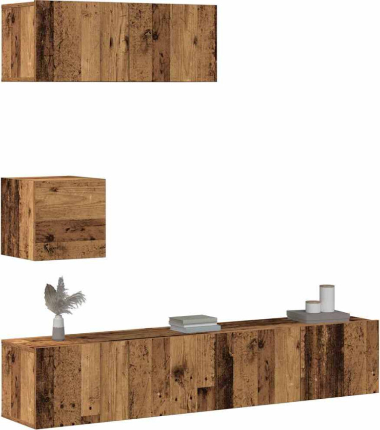 TV-skapsett 4 deler veggmontert gammelt tre konstruert tre