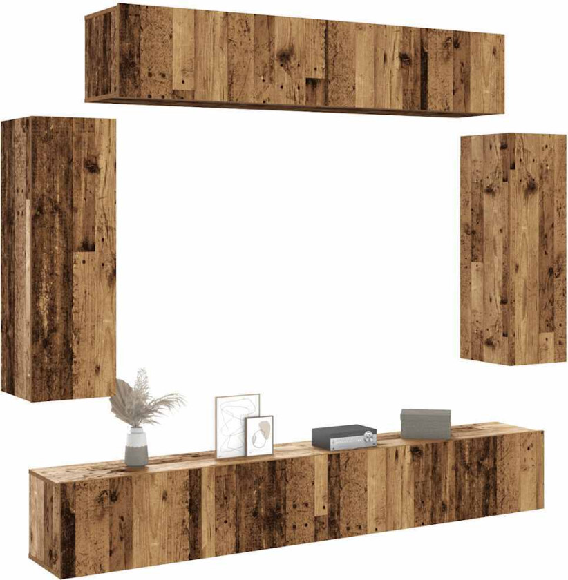 TV-skapsett 6 deler veggmontert gammelt tre konstruert tre