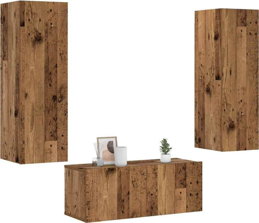 Vegghengte TV-benker 3 stk gammelt tre konstruert tre