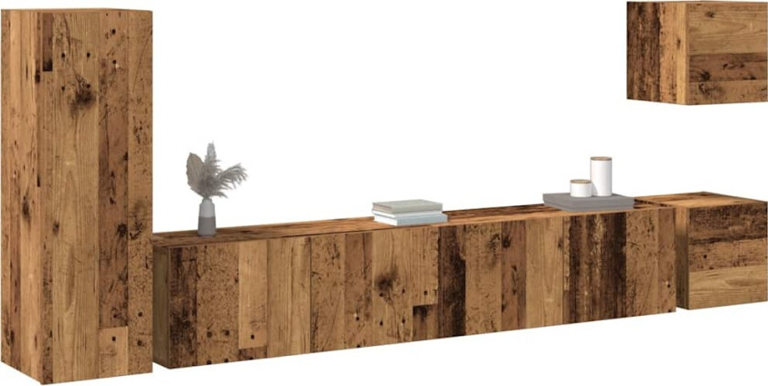 TV-skapsett 5 deler veggmontert gammelt tre konstruert tre