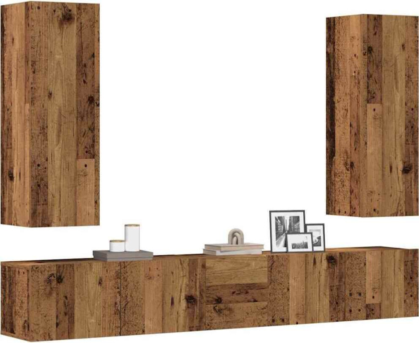 TV-skapsett 5 deler veggmontert gammelt tre konstruert tre