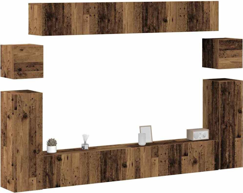 TV-skapsett 8 deler veggmontert gammelt tre konstruert tre