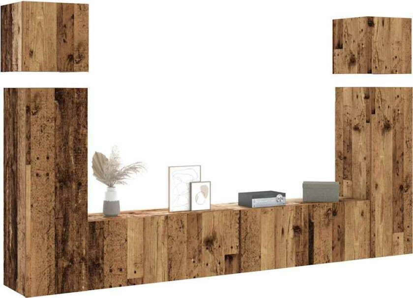 TV-skapsett 8 deler veggmontert gammelt tre konstruert tre