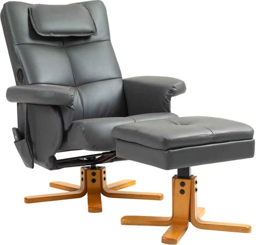 Avslappingsstol med liggefunksjon, massasjestol med krakk og oppbevaringsplass, TV-stol med sidelomme, kunstskinn, 78 x 86 x 93c