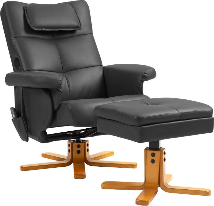 Avslapningsstol med liggefunksjon, massasjestol med krakk og oppbevaringsplass, TV-stol med sidelomme, kunstskinn, 78 x 86 x 93c