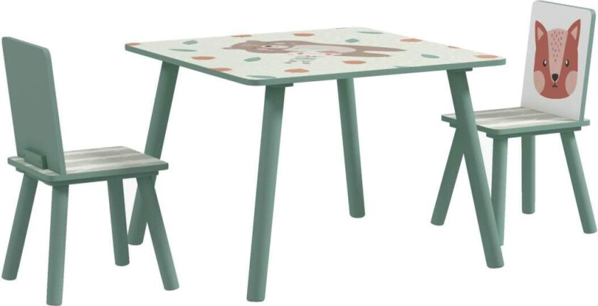 Barnebord med 2 stoler, barnesittegruppe med 1 bord og 2 stoler, søtt dyremotiv, barnesett for barn 3-8 år, grønt