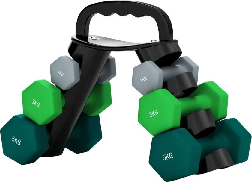 Hantelsett 6 manualer med sammenleggbart manualstativ, 2 x 1 kg, 2 x 3 kg, 2 x 5 kg manualer