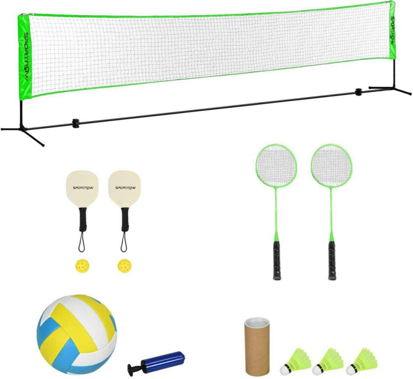Badmintonsett, badmintonnett med stativ, fjerballer, 4 racketer, justerbart volleyballnett, med bæreveske, for innendørs, utendø