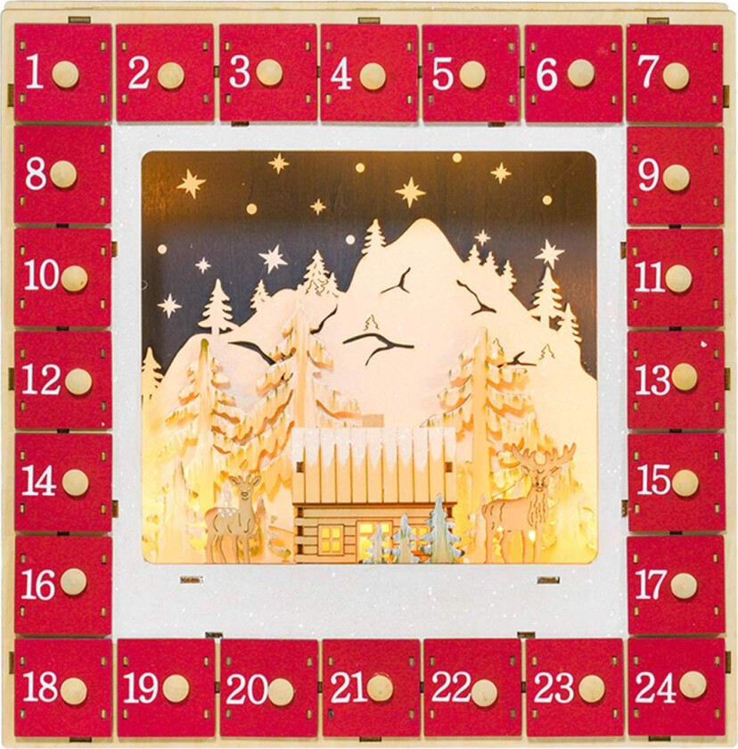 Adventskalender for fylling av 24 skufferom Julekalender med LED-lys Adventskalenderboks Julepynt DIY MDF 34 x 7 x 34 cm Rød