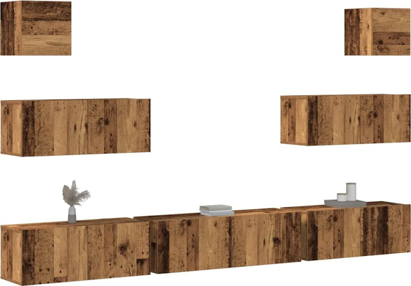 TV-skapsett 7 deler veggmontert gammelt tre konstruert tre