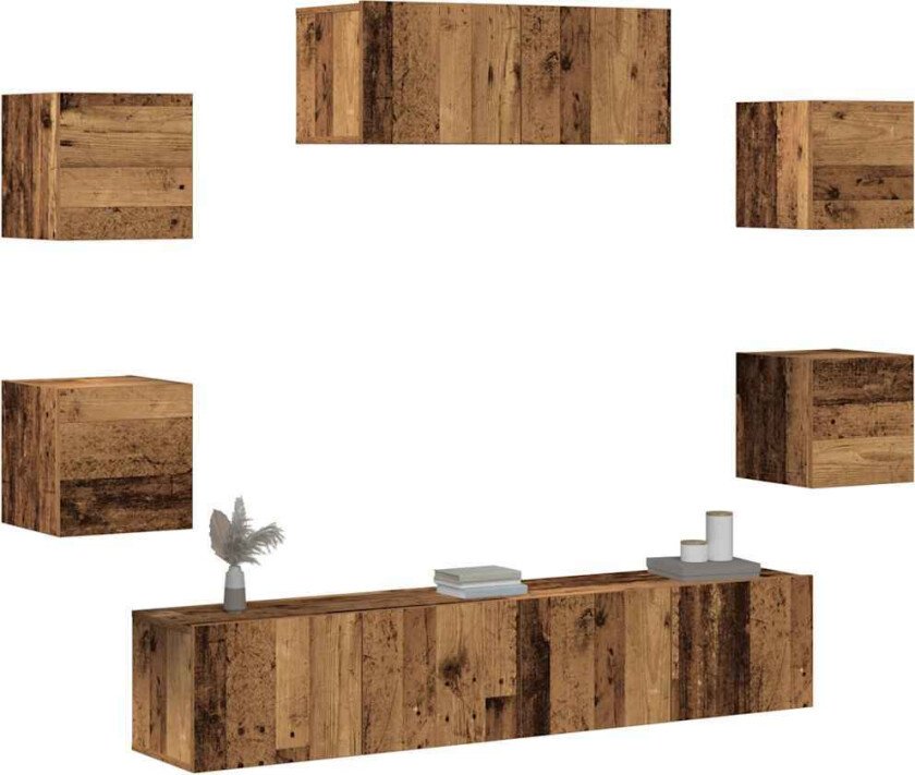 TV-skapsett 5 deler veggmontert gammelt tre