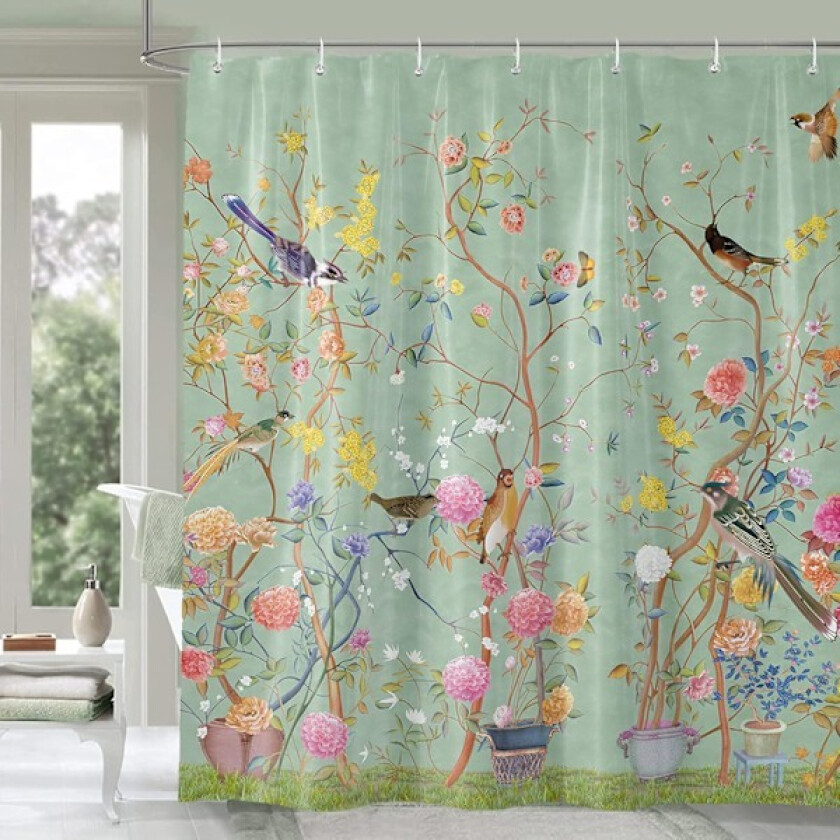 Dusjforheng Grønn Mugg-resistent Vanntett Fugl Blomster Baderomsforheng Med 12 Kroker 180x180c