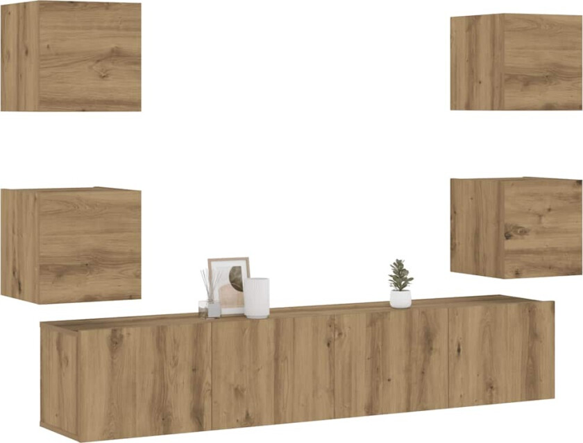 Vegghengte TV-benker 6 stk artisan eik konstruert tre