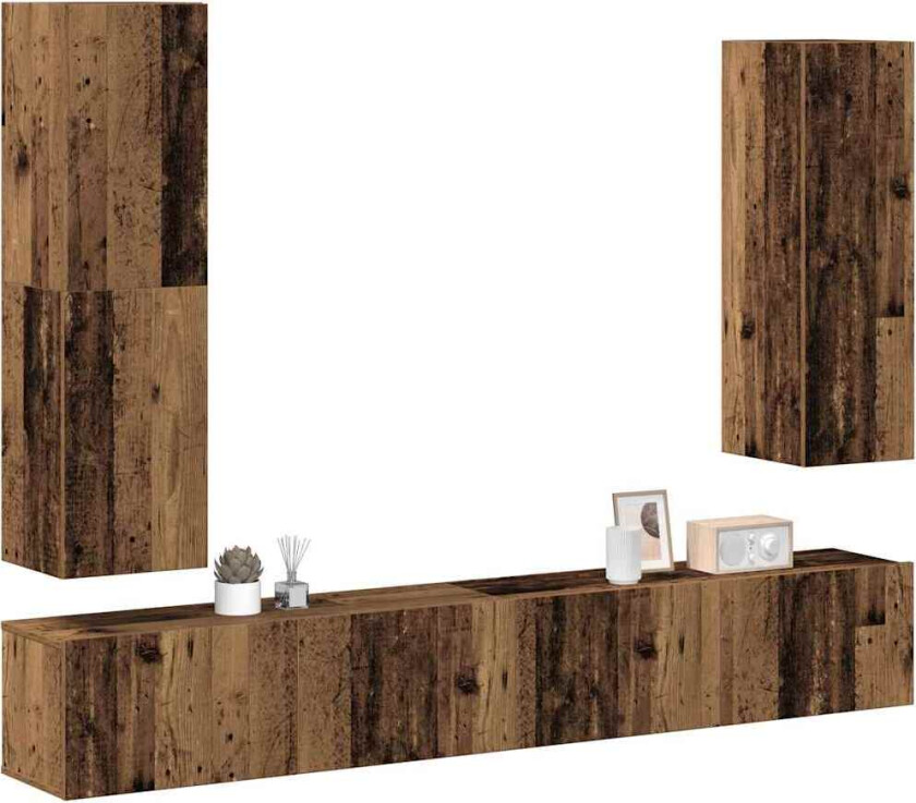 TV-skapsett 4 deler veggmontert gammelt tre konstruert tre