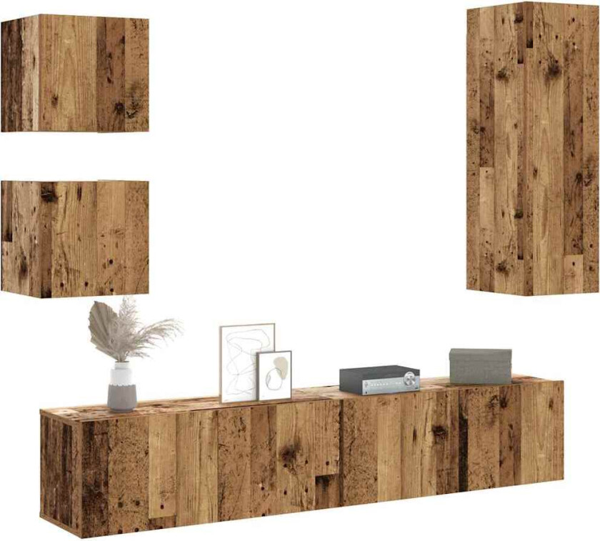 TV-skapsett 5 deler veggmontert gammelt tre konstruert tre