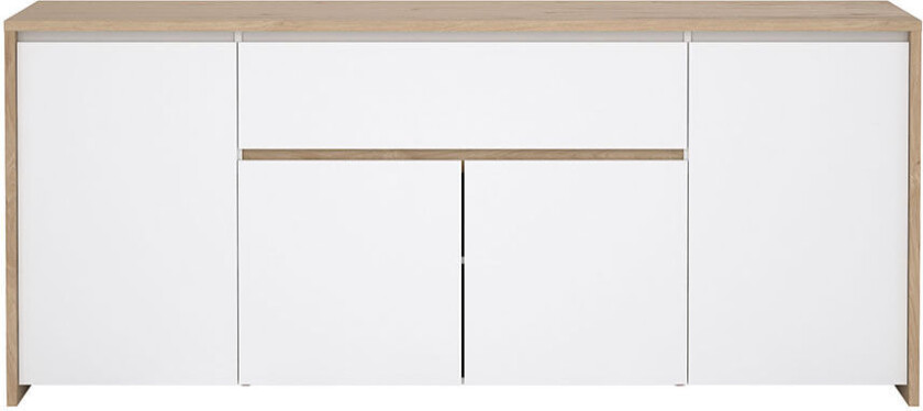 Next skjenk 4 dører, 1 skuff eik dekor, hvit høyglans.