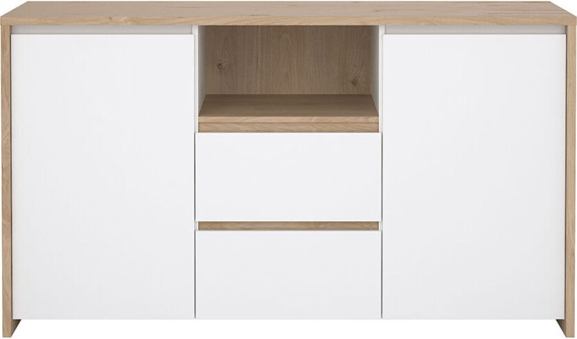 Next skjenk 2 dører, 2 skuffer, 1 hylle eik dekor, hvit høyglans.