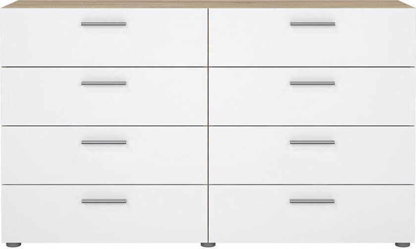 Pepe kommode 8 skuffer eik struktur dekor, hvit høyglans.