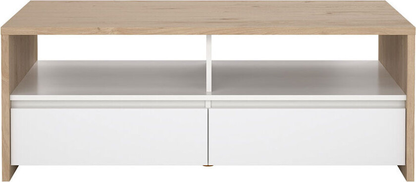 Next sofabord 2 skuffer, 2 hyller eik dekor, hvit høyglans.