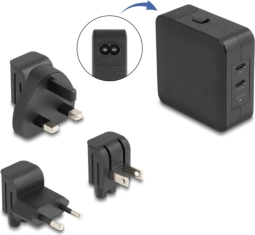 Delock Usb Gan-Lader 2 X Usb Type-C Pd 3.0 Med 65 W Inkludert Strømadapter For Eu / Usa / Storbritannia
