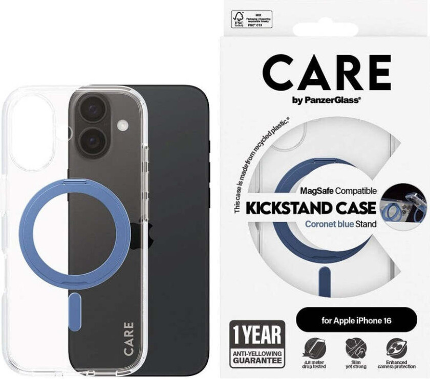 CARE by PanzerGlass iPhone 16 Feature Kickstand Deksel - MagSafe Kompatibel - Transparent / Coronet Blue