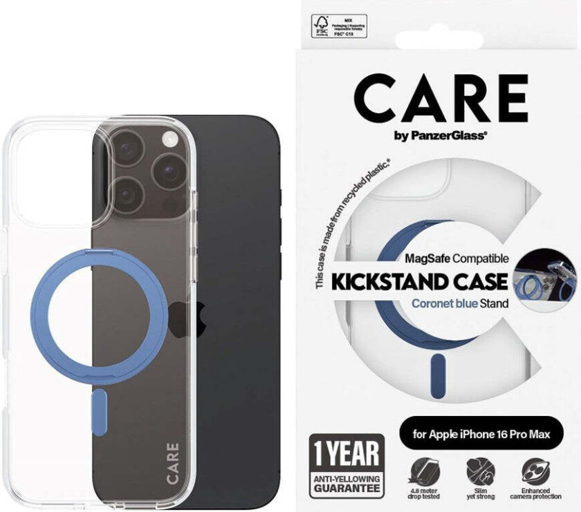 CARE by PanzerGlass iPhone 16 Pro Max Feature Kickstand Deksel - MagSafe Kompatibel - Transparent / Coronet Blue