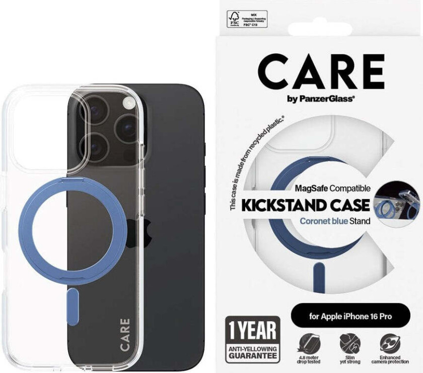 CARE by PanzerGlass iPhone 16 Pro Feature Kickstand Deksel - MagSafe Kompatibel - Transparent / Coronet Blue