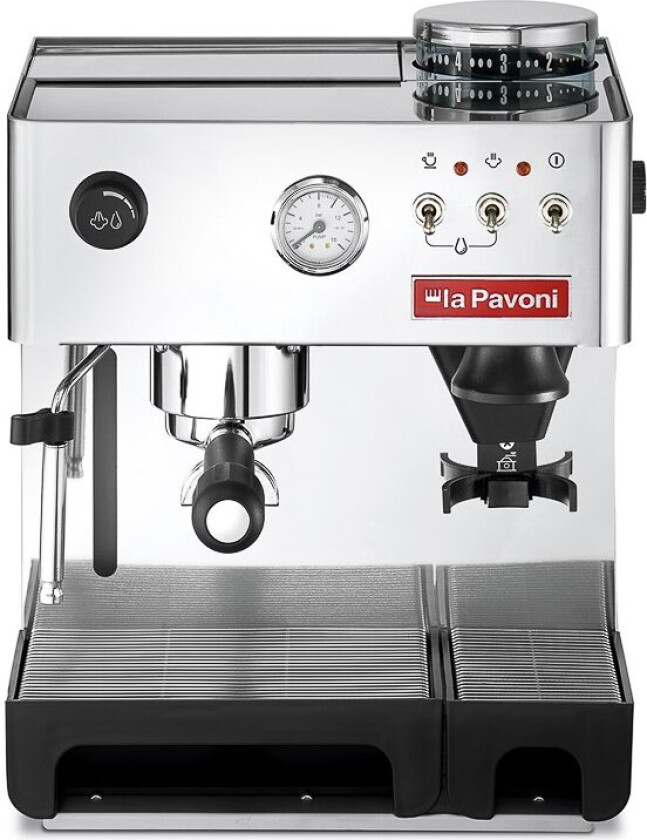 Kaffemaskin La Pavoni, manuell, med kvern, rustfritt stål