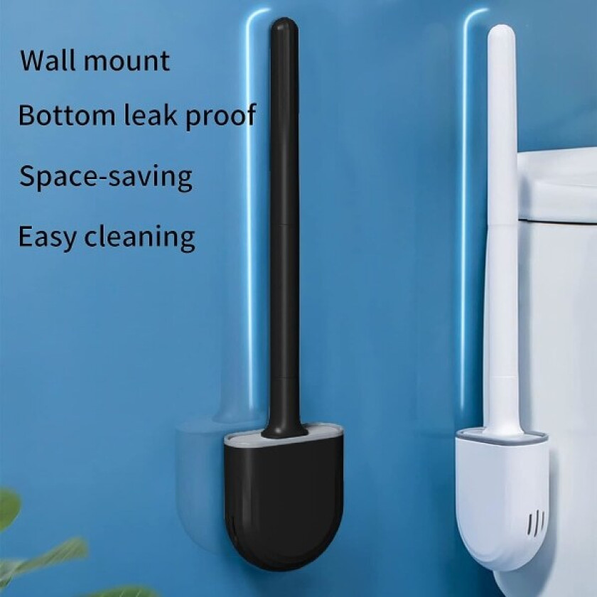 Flatt silikontoalettbørste 2-pakning, veggmontert toalettbørste, hurtig tørkende toalettbørste med langt håndtak, toalettbørster holdere anti-drypp base(Blac