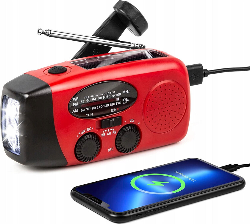 ZOVCAL FM nødradio med LED-lys - Håndsveiv, 1200mAh, 3W, 140lm - Rød