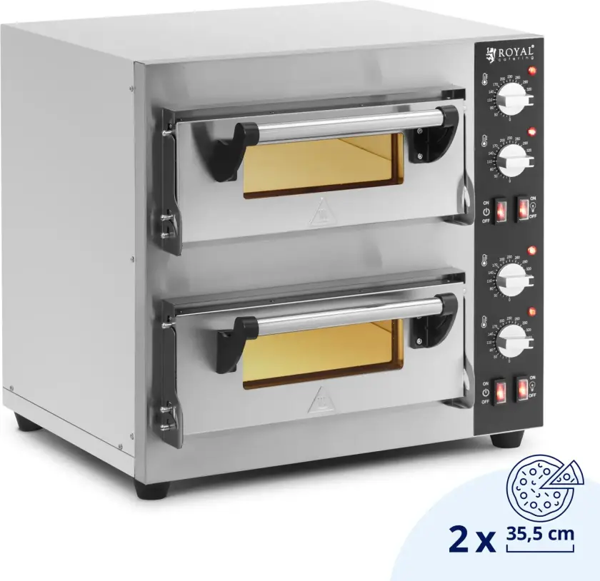 Elektrisk pizzaovn - 1+1 x 35 cm - 2 kammer - 4000 W - ildleirestein - Royal Catering