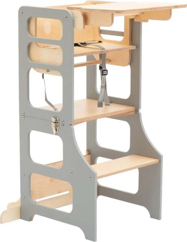 Sammenleggbar Læringstårn med Matstol, Grå - Motoriske møbler - Plywood,MDF