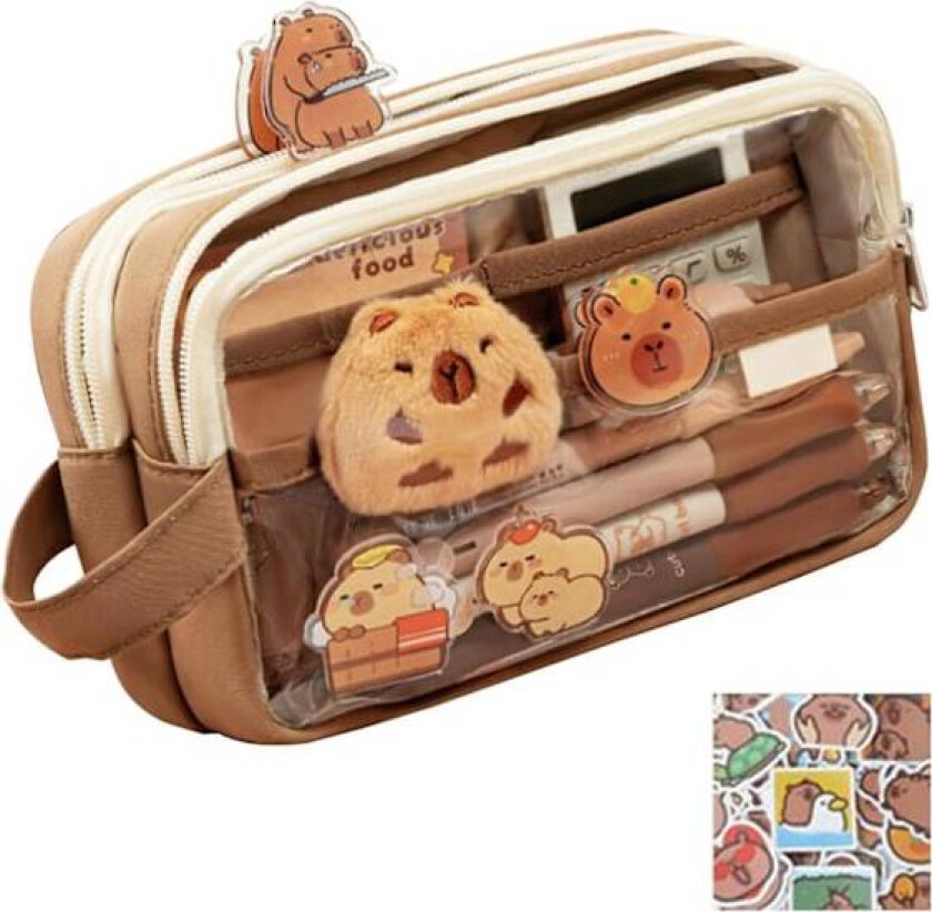 Søtt pennal, gjennomsiktig pennveske, Kapibara pennal med stor kapasitet, flerlags søt gjennomsiktig lomme med klistremerker