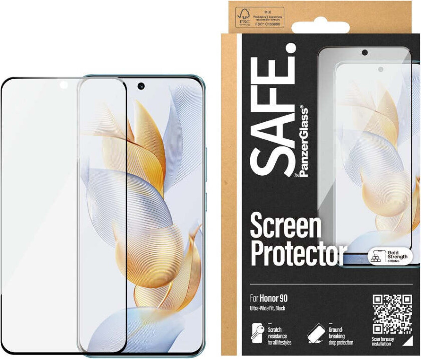 Honor 90 Safe By PanzerGlass® Ultra-Wide Fit Beskyttelsesglass - Case Friendly - Gold Strength - Gjennomsiktig / Svart Kant