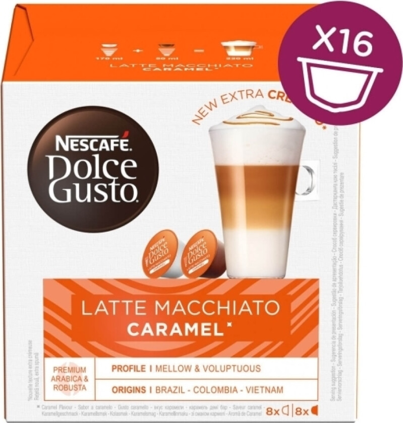 Dolce Gusto Caramel Latte Macchiato, Kaffe Kapsyl, Latte Macchiato, Dolce Gusto, 8 Kopper, Flerfarget, Boks