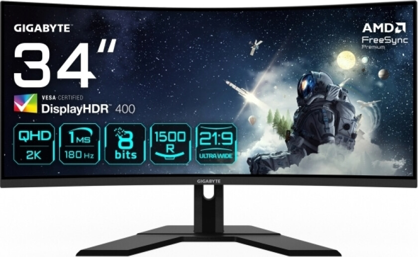 Gigabyte G34wqcp 34&Quot  Uwqhd Curved Gaming Monitor - 3440 X 1440, 1500R, 180Hz, 1Ms, 350 Cd/M2, Amd Freesync Premium, Displayhdr 400, Hdmi 2.0, Di