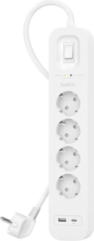Belkin Connect - Overspenningsavleder - Med Usb-C- Og Usb-A-Porter - Utgangskontakter: 4 - 2 M Kabel