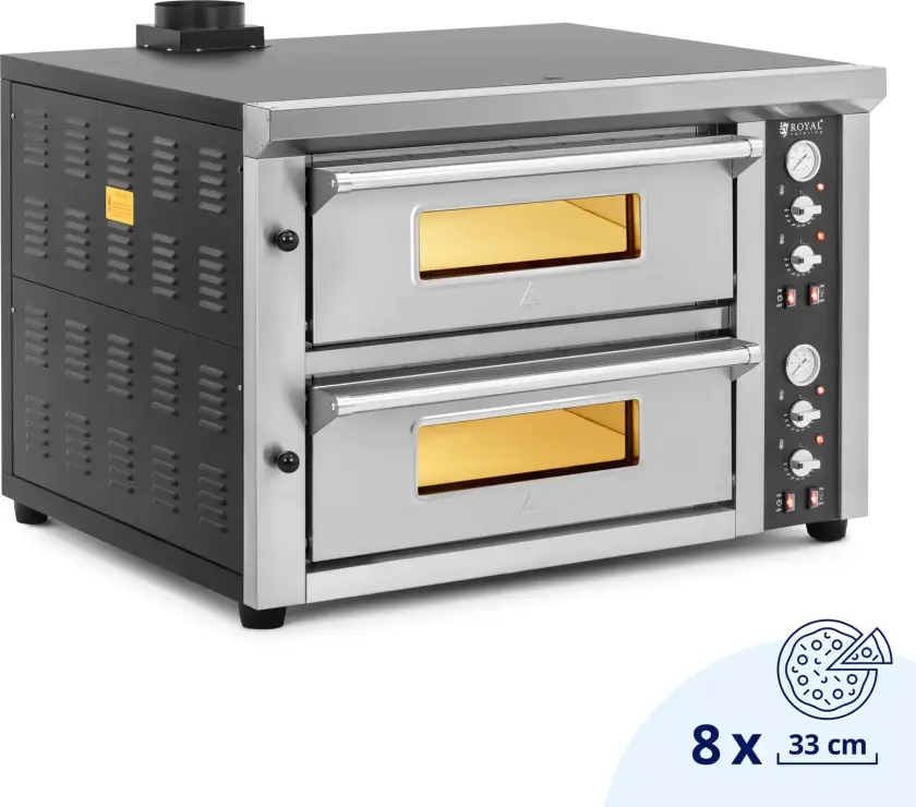 Elektrisk pizzaovn - 4+4 x 33 cm - 2 kammer - 8400 W - 400 V - ildleirestein - Royal Catering