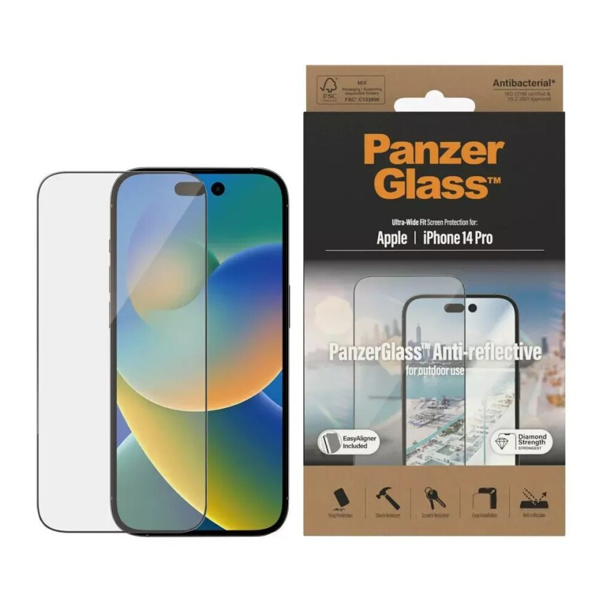 iPhone 14 Pro AntiBacterial Ultra Wide Fit Skjermbeskyttelsesglass - AntiReflective m. Monteringsram - Diamond Strength - Svart Kant
