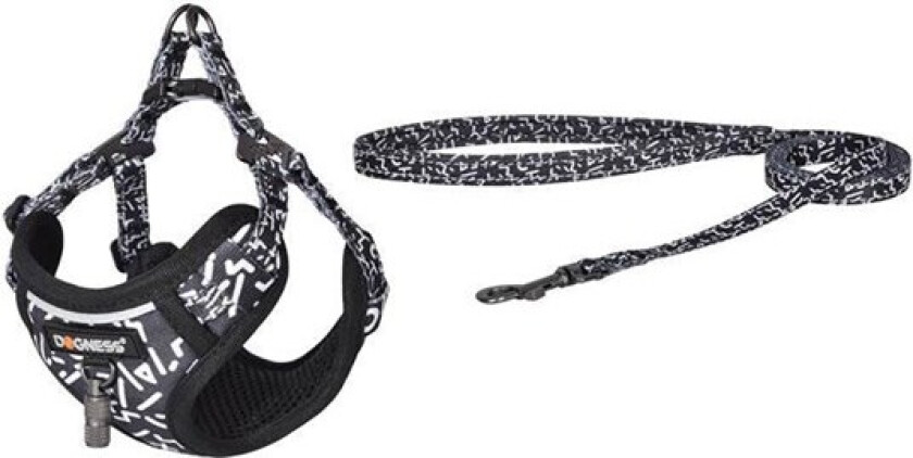walking set leash+harness for dog (black and white)